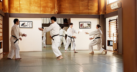 Image showing Japanese people, training and learning martial arts in dojo place in fight and aikido class of self defence. Group, black belt students and fitness with teamwork, combat and discipline in respect