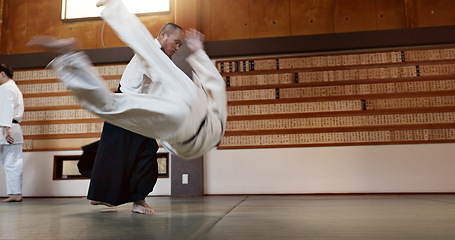 Image showing Japanese students, throw or sensei in dojo to start practice lesson, discipline or teaching self defense. Black belt master, people learning combat or athletes in fighting class, training or aikidoka