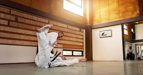 Image showing Black belt students, throw or sensei in dojo to start practice lesson, discipline or teaching self defense. Japanese master, people learning combat or athletes in fighting class, training or aikidoka