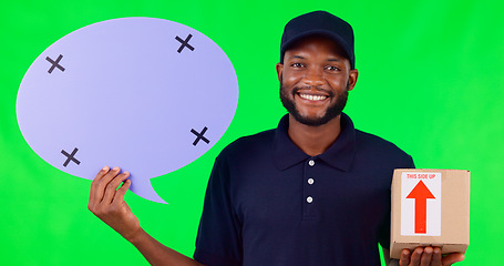 Image showing Speech bubble, mockup and a delivery black man on green screen in studio with a box for social media. Portrait, marketing or advertising and a male courier holding mockup with tracking markers