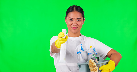 Image showing Woman, cleaner and spray for hygiene, green screen and household maintenance with cleaning product choice. Detergent bottle, service and chemical, female person and mockup space on studio background