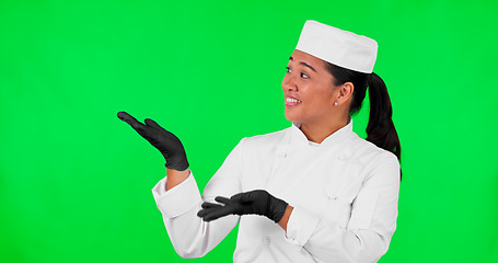 Image showing Green screen, woman face and chef hand pointing to checklist, menu and offer on mockup background. Bakery, portrait and asian female baker with checklist, promo and coming soon, info or launch deal