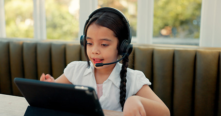 Image showing Sign language, child and tablet, headphones and video call education, e learning and online class for communication. Virtual school, kid or kids with hearing disability on digital technology at home