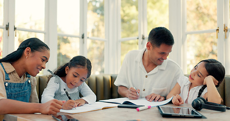 Image showing Writing, children learning and parents in home education, math support and helping at kitchen table. Mother, father and girls for school homework, family teaching and project, development or language