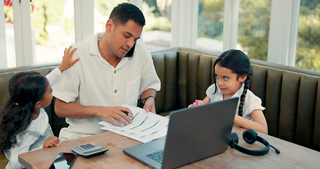 Image showing Phone call, busy dad and stress from kids, children or frustrated, angry father to multitask, work and childcare. Home, working with distraction and anxiety in pandemic, remote job or parenting