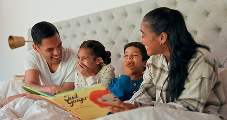 Image showing Reading, parents and children in bedroom with book, teaching and happy family learning in home. Knowledge, fantasy and mom, dad and kids relax on bed together with love, care and storytelling time.