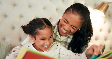 Image showing Reading, mother and daughter in bedroom with book, teaching and happy learning time in family home. Knowledge, fantasy and storytelling, mom and child relax on bed together with love, care and story.