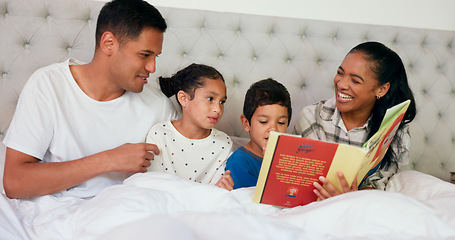 Image showing Book, parents and children laughing in bedroom with reading, teaching and happy family learning in home. Happiness, fantasy and mom, dad and kids relax on bed with love, time and funny storytelling.