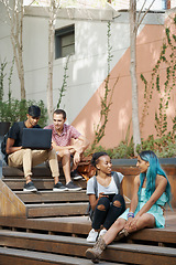 Image showing College, campus and students relax on stairs with social community, friends and chat about course. People, talk and conversation about steps in university project or support for education or study