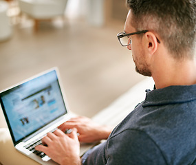 Image showing Man, typing and laptop in home for remote work, networking online and planning a writing project. Computer, research and creative journalist with news, article and productivity on website or email