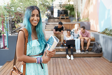 Image showing Portrait, Gen z and girl with backpack, books and scholarship for education, learning and confidence. Outdoor, college and female person, happiness and summer academy and student in university