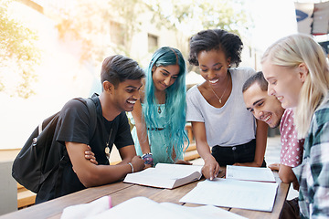 Image showing Friends, group and study outdoor at university with books, pointing and learning for education and campus. Students, gen z people and teamwork research with diversity, happy or college break by table