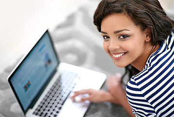 Image showing Portrait of girl, computer screen and lying on floor carpet at home for browsing, relax and rest with smile. Technology, connectivity and laptop for movie, online videos and female person in house