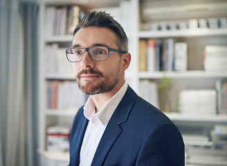 Image showing Thinking, freelancer and business man in home office for inspiration, idea or future goals. Professional, thoughtful and male consultant for decision, opportunity or company profit in workplace