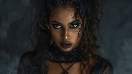 Image showing Teen Indian Woman with Brown Curly Hair Goth style Illustration.