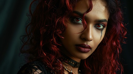 Image showing Teen Indian Woman with Red Curly Hair Goth style Illustration.