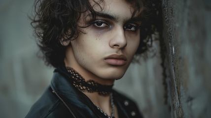 Image showing Teen Latino Man with Brown Curly Hair Goth style Illustration.