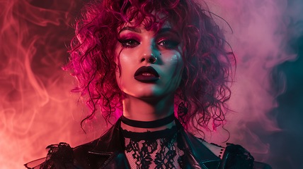 Image showing Teen Latino Woman with Pink Curly Hair Goth style Illustration.