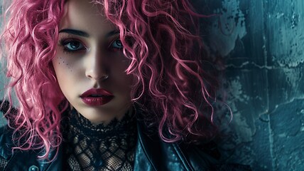 Image showing Teen Latino Woman with Pink Curly Hair Goth style Illustration.