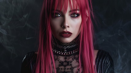 Image showing Teen Latino Woman with Pink Straight Hair Goth style Illustration.