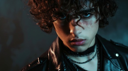 Image showing Teen Persian Man with Brown Curly Hair Goth style Illustration.