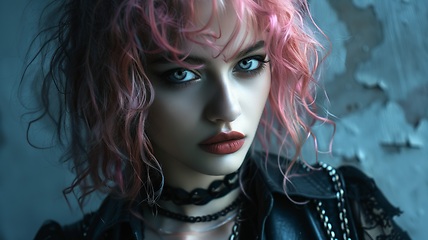 Image showing Teen Persian Woman with Pink Curly Hair Goth style Illustration.