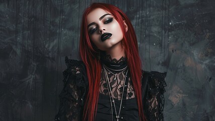 Image showing Teen Persian Woman with Red Straight Hair Goth style Illustration.