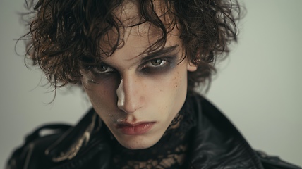 Image showing Teen White Man with Brown Curly Hair Goth style Illustration.