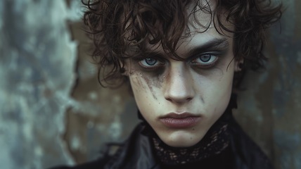 Image showing Teen White Man with Brown Curly Hair Goth style Illustration.