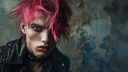 Image showing Teen White Man with Pink Straight Hair Goth style Illustration.