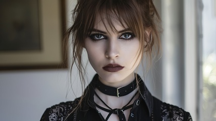 Image showing Teen White Woman with Brown Straight Hair Goth style Illustration.