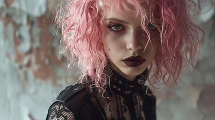 Image showing Teen White Woman with Pink Curly Hair Goth style Illustration.