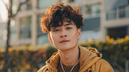 Image showing Adult Chinese Man with Brown Curly Hair 1990s style Illustration.