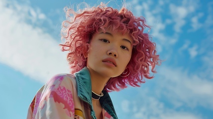 Image showing Adult Chinese Woman with Pink Curly Hair 1990s style Illustration.