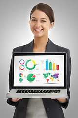 Image showing Data, screen and business woman with laptop, analytics and graphs for global stock market statistics on grey background. Info, UX and dashboard with corporate revenue report in studio for research