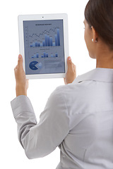 Image showing Screen, tablet and business woman with analytics, data analysis with graphs and stock market statistics on grey background. Information, dashboard and corporate revenue report in studio for research