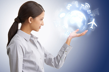 Image showing Globe, app and technology hologram with icon, business woman and virtual setting for UX on gradient background. 3D, future and digital transformation, global network and corporate tools for growth