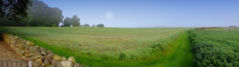 Image showing Banner, landscape and nature for farming in field, blue sky and green for agriculture with sustainability, growth and eco. Meadow, Switzerland countryside and ecosystem, biodiversity and farmland