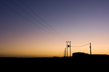 Image showing sunset power wires