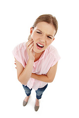 Image showing Dental health, patient and teeth in studio with gingivitis, toothache and pain for dentist. Oral hygiene, girl and medical emergency for healthcare on isolated white background with mockup or pov