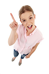 Image showing Surprise, woman and portrait pointing for promotion, advertising or marketing with mockup space from above angle on white background. Wow, gen z girl or hands to show logo, icon or in studio backdrop