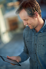 Image showing Man, tablet and worker at office for agency with ux project, digital communication and web design. Technology, startup employee and smile in modern workplace for creative company, internet and online