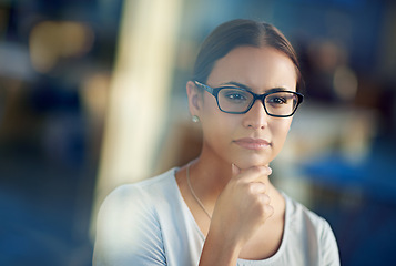 Image showing Woman, glasses and closeup with confidence and thinking with vision, idea or planning for hr. Female employee and specs with hand for thought in office, onboarding or staff for workforce in Atlanta