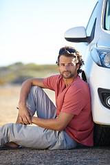 Image showing Male person, car and breakdown on road with engine, street and waiting for tow truck to help with transport emergency. Stress, man and motor crisis for mechanic repair, insurance and vehicle damage