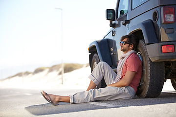 Image showing Male wander, outdoor and vehicle for travel, vacation or solo trip for relaxing break on summer holiday. Young man, tourist or traveler and sitting for view, explore and adventure on mockup