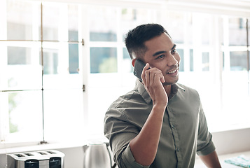 Image showing Phone call, smile and asian businessman at home for remote work consulting, chat or client communication. Smartphone, hello and entrepreneur in Tokyo with web, conversation or b2b networking in house