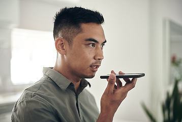 Image showing Business, networking and man with phone call on speaker in home with recording on voice or speech. Cellphone, audio or chat to person online by speaking to mic with update on information or feedback