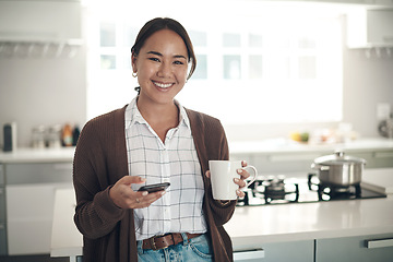 Image showing Portrait, Asian woman or coffee to relax, phone or browse on social media, website or app in kitchen. Gen z girl, smile or smartphone to drink, tea or update of post to connect at weekend of leisure