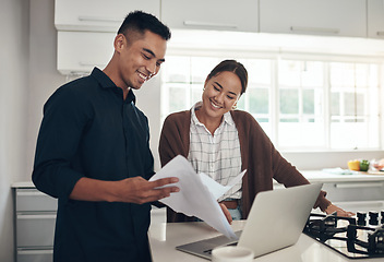 Image showing Laptop, happy or couple with budget paperwork, mortgage or banking documents for reading in home. Interracial, woman or man speaking of financial info, investment portfolio or planning loan bills