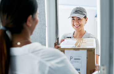 Image showing Woman, delivery and logistics order in home for customer package with supply chain, distribution or shipping. Female person, smile and courier employee for parcel postage or returns, import or export